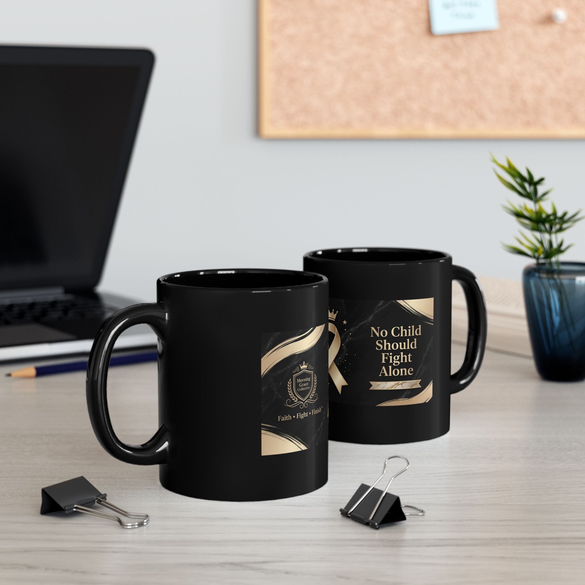 Awareness Ribbon Black Mug — "No Child Should Fight Alone" Support Awareness Coffee Cup